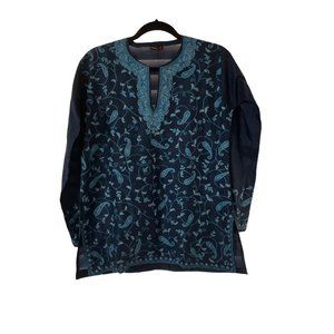 URRI Medium Blue Embroider Paisley Print Top
